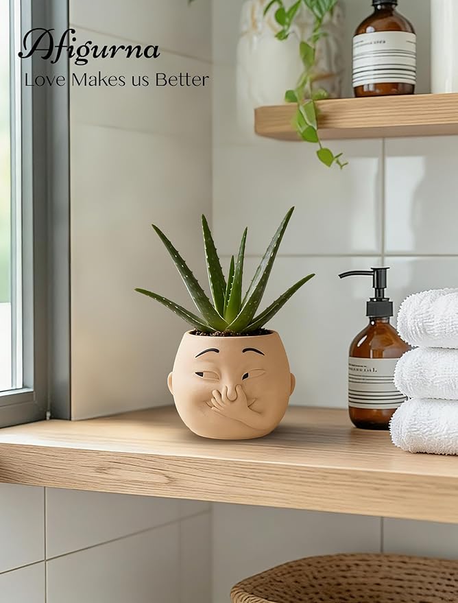 Funny Bathroom Planter Decor: Quirky Holding Nose Plant Pot Indoor for Bathroom Counter - Succulent Pot with Drainage - Unique Face Planter for Guest Bath room Counter Shelf Toilet Decoration