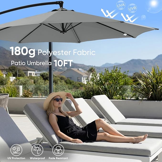 NEWBULIG 10FT Patio Umbrella, Offset Cantilever Outdoor Patio Table Umbrella, UV Protection, Fade Resistant Fabric, Easy Tilt Adjustment for Pool, Deck, Garden, Backyard