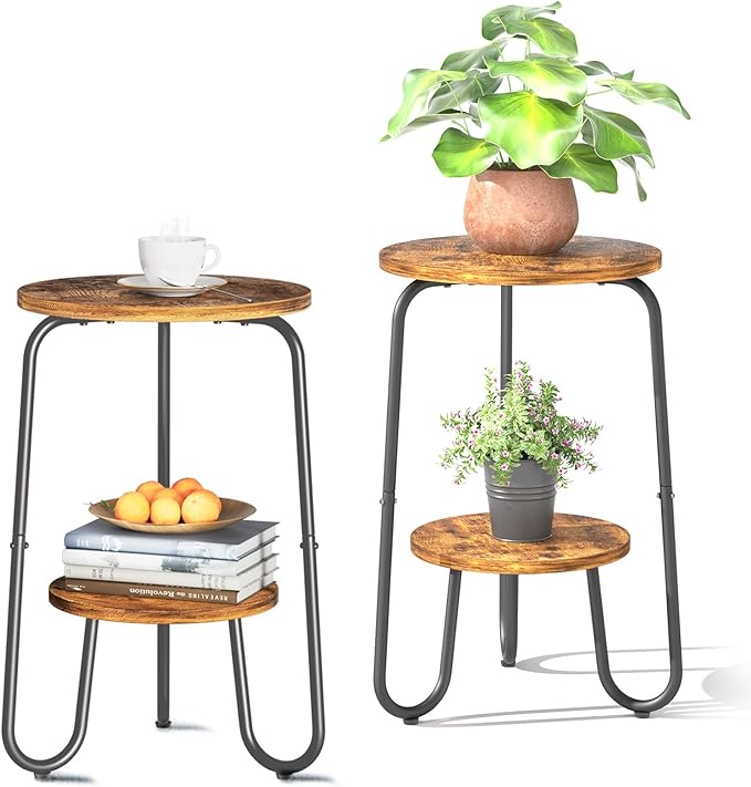 2 Tier Wood Plant Stand Indoor, Small Round Flower Pot Stand, 19.6" Tall Single Plant Holder for Living Room, Balcony, Rustic Brown End Side Table（2 packs）