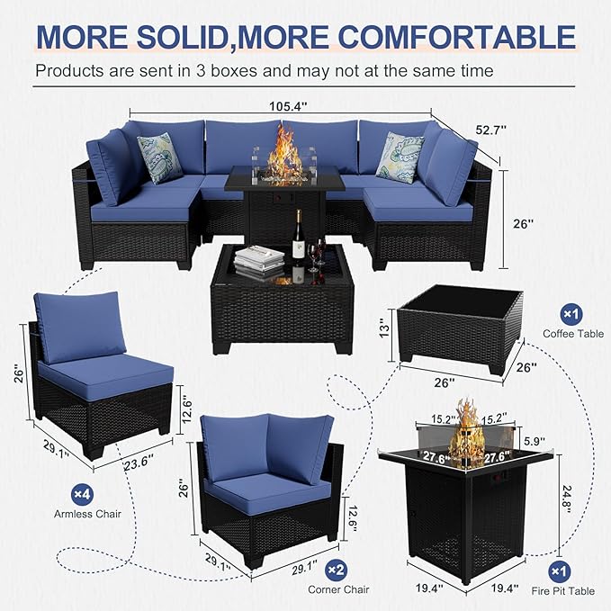 8 Piece Patio Furniture Set with Fire Pit Table, Wicker Outdoor Sectional Sofa, Conversation Set for Backyard, Garden, Deck (Coffee/Blue)