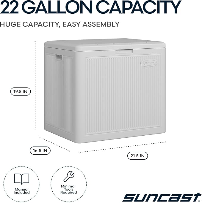 Suncast 22-Gal. Resin Small Outdoor Patio Deck Box with Reeded Design, Modern Outdoor Patio Bench/Storage Box for Cushions, Garden Tools, and More, French Gray