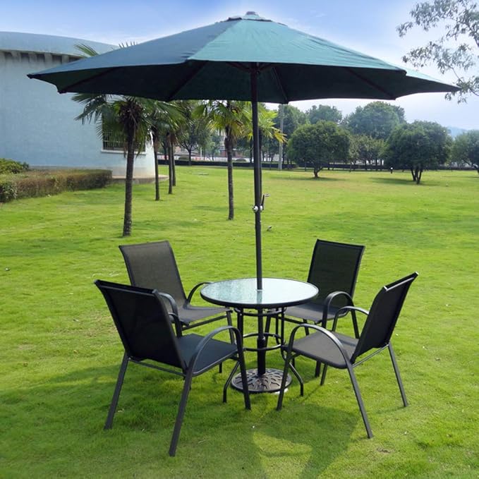VINGLI Round Patio Table with Umbrella Hole, 32" Outdoor Dining Table Steel Tempered Glass Patio Tables Round Outdoor Tables for Balcony Garden Deck