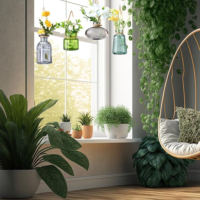 4 Pcs Stained Glass Hanging Vases Hanging Glass Planters Small Plant Terrarium Pot Containers with Rope for Garden Home Indoor Outdoor Decor, 4 Styles (Artsy)