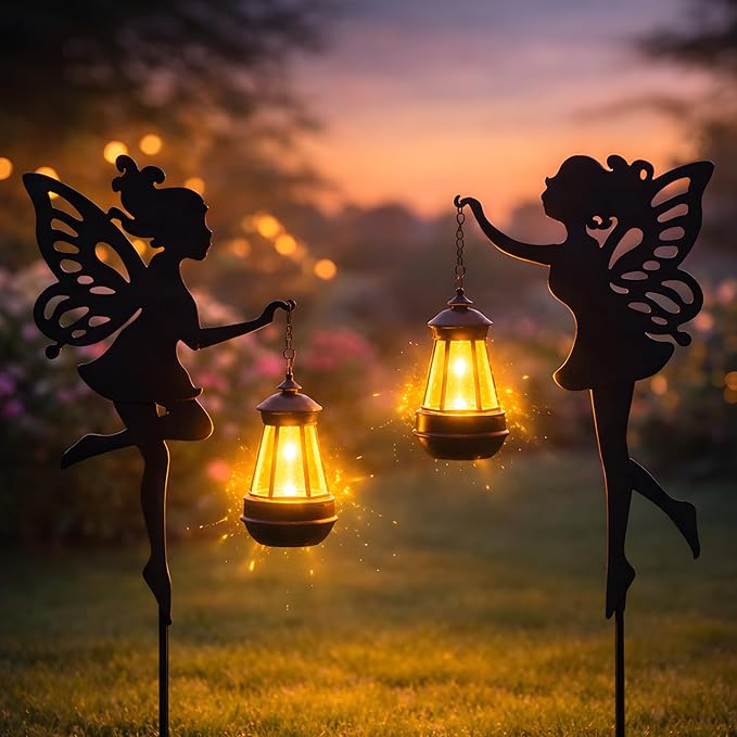 Solar Fairy Garden Accessories Outdoor 1 Pair - Metal Stakes Decorative Figurines Housewarming Ornament for Patio, Lawn, Yard, Pathway - Unique Gift Ideas for Gardening Mom Grandma (Warm Lighting)