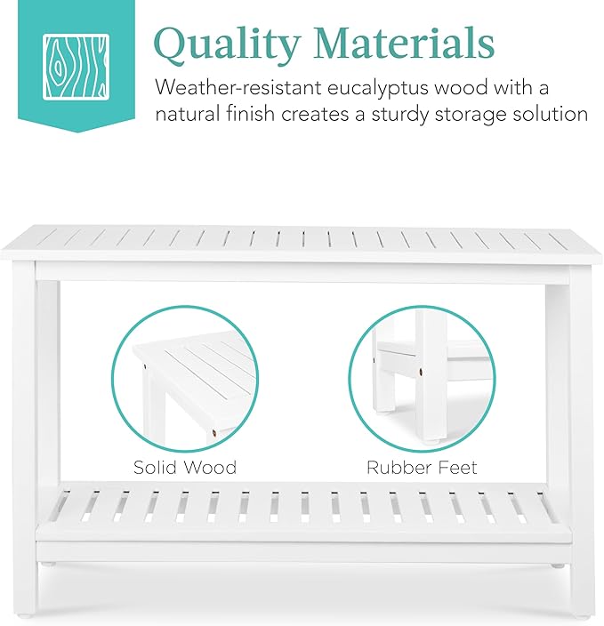 Best Choice Products 48in 2-Shelf Eucalyptus Wooden Console Table Indoor Outdoor Multifunctional Buffet Bar Storage Organizer w/Foot Sliders - White