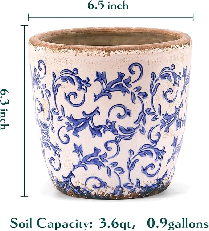 Vintage Ceramic Planter with Drainage Hole, Plastic Tray & Mesh, 6.5 Inch - Indoor/Outdoor Flower Pot, Blue Floral Rustic Farmhouse Design Plant pot for Home, Office & Garden Décor, Ideal Gift