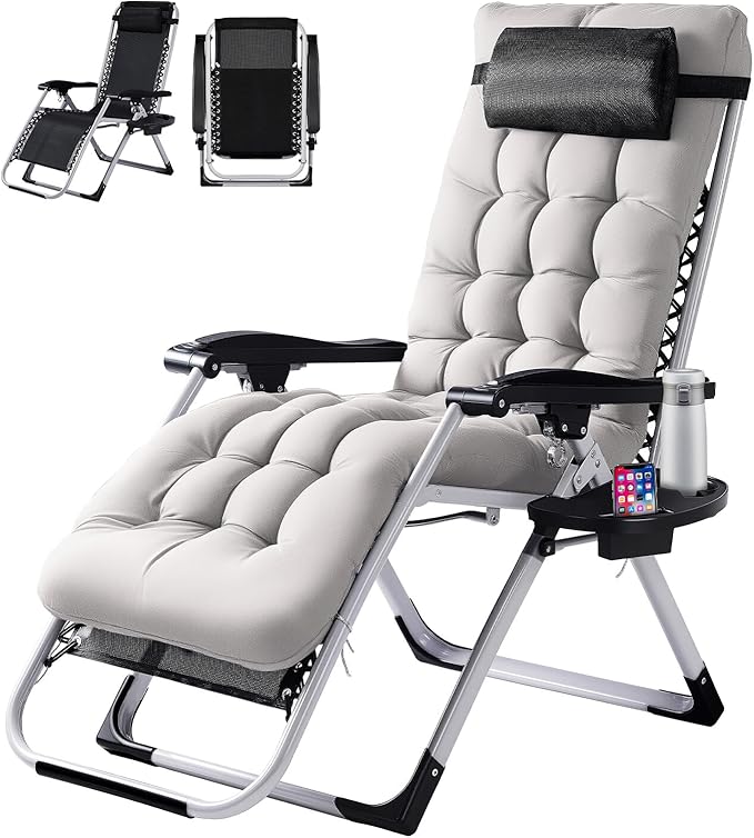 VINGLI Padded Zero Gravity Chair, Lounge Chair with Removable Cushion & Tray， Folding Reclining Patio Chairs， Recliner Chair for Lawn，Indoor and Outdoor