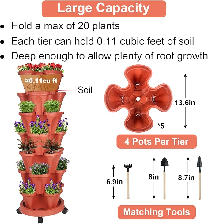 GameXcel Vertical Planter 7 Tier Stackable Planters Garden Planters Strawberry Herb Flower and Vegetable Planter Indoor Outdoor Gardening Pots with Removable Wheels and Tools - Red