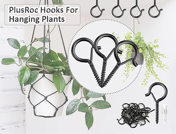 PlusRoc 60 Pack Ceiling Hooks for Hanging Plants Outdoor String Lights Heavy Duty, 2.2 Inch Eye Hook Screw in Cup Hooks Q-Hanger for Patio Lights, Wall Wood Fence Deck Mount(Black)