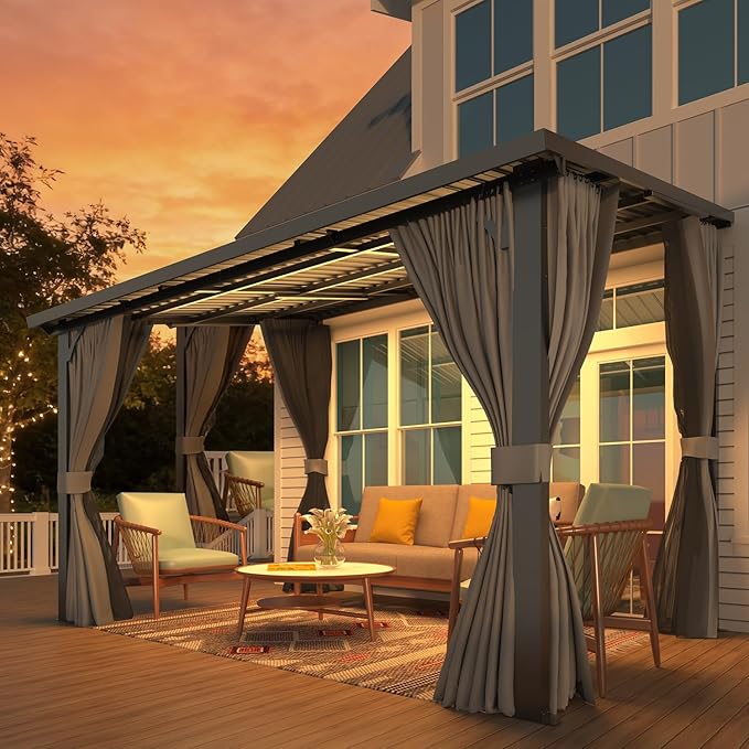 AECOJOY 12'x8' Outdoor Hardtop Gazebo Pergola with Curtains and Netting for Patio, Large 8x12 Steel Heavy Duty Lean to Wall-Mounted Pergolas and Grill Gazebos Clearance, Metal Roof Awnings for Decks