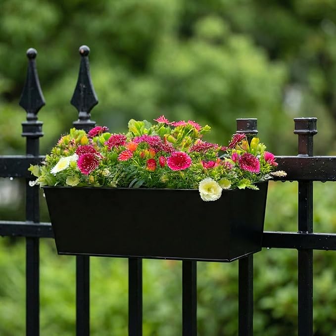 3 Pack Metal Railing Planters, 16 Inch Large Rectangular Hanging Flower Pots with Detachable Hooks & Drainage Holes, Fits Rails up to 2.5", Galvanized Iron Window Box for Balcony Garden - Black