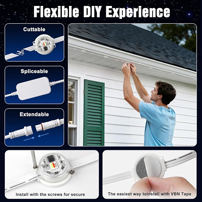 JOH Permanent Outdoor Lights, 100FT Permanent Outdoor Lights for House with RGB+IC Smart LED, App & Remote Control, DIY, IP67 Waterproof, for Super Bowl, V-Day, Thanksgiving, Daily & Holiday Party