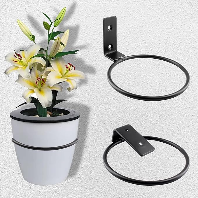 2 Pack 8 inch(203mm) Flower Pot Holder Ring, Flower Pot Holder Ring Wall Mounted Set Wall Mounted Metal Planter Hanger Matte Black Hanging Plant Holder