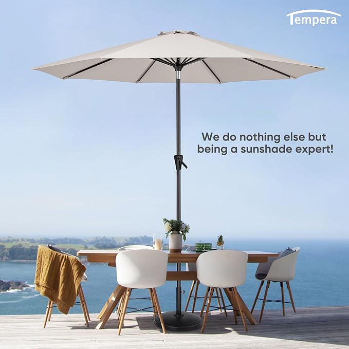 Tempera Patio Market Outdoor Table Umbrella with Auto Tilt and Crank, Large Sun Umbrella with Sturdy Pole & Fade Resistant Canopy, Easy to Set