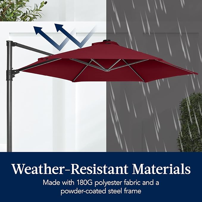 Best Choice Products 10ft Solar LED Offset Cantilever Hanging Market Patio Umbrella, Smooth 360° Rotation, 8 Sturdy Ribs, Easy Adjustment - Burgundy