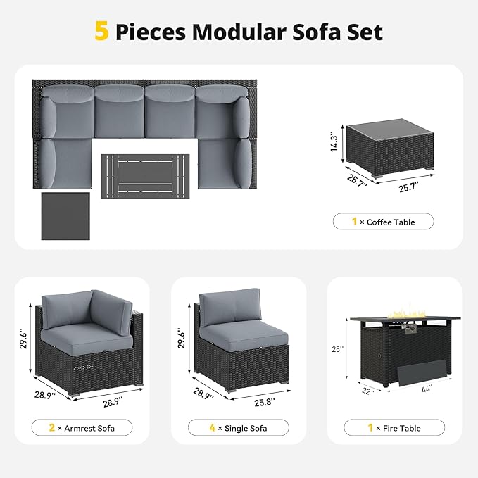 Aoxun Patio Furniture Set with Fire Pit Table, 8 Piece Outdoor Sectional Sofas, Wicker Rattan Outdoor Furniture with Thickened Cushion for Backyard, Garden Light Grey