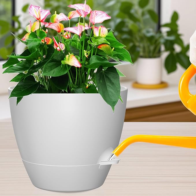12 Inch Large Self Watering Pots, Flower Pots with Multi-Mesh Drainage Holes and Saucer, Planters for Indoor and Outdoor Garden Plants (White)