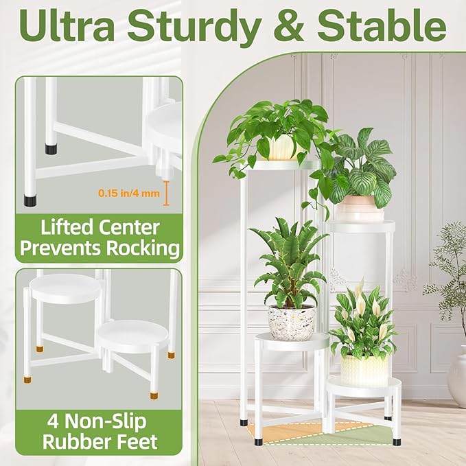 iDavosic.ly Plant Stand Indoor Outdoor, 4 Tier Corner Metal Flower Display Holder Shelf, Easy Assembly Folding Tall Orchid Rack for Patio Balcony Porch Garden Living Room House, White