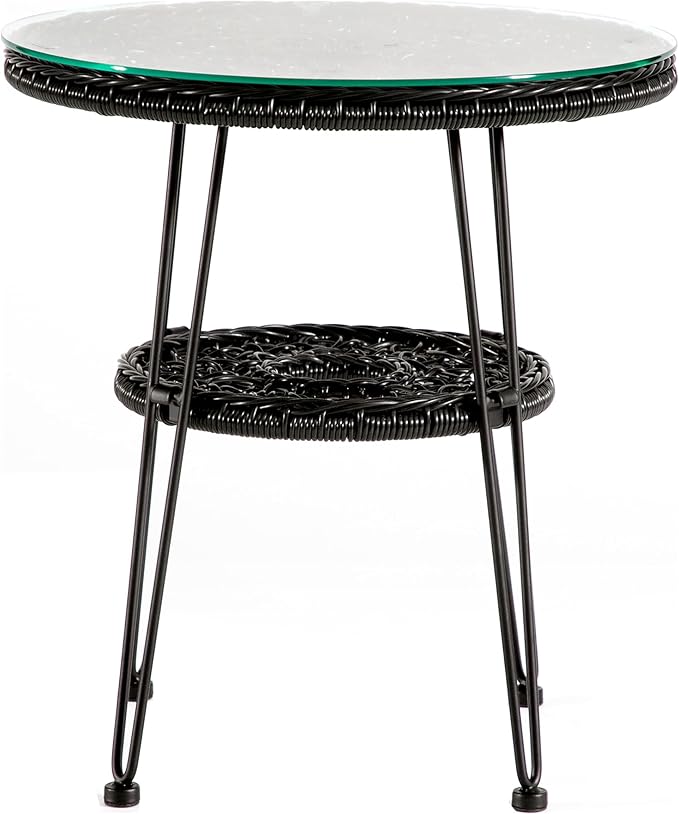 Furniture of America Ysar Boho 19-inch Round Coffee Table Outdoor with Tempered Glass Top and Metal Frame, Handcrafted Coastal Furniture for Patio, Poolside, Garden, Yard, Black