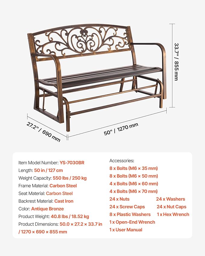 VEVOR Outdoor Bench, 50 inch, Carbon Steel Metal Frame with Cast Iron Backrest and Round Edge Armrests, Weatherproof Outside Glider Bench for Patio, Garden, Park, Yard, Front Porch, Antique Bronze