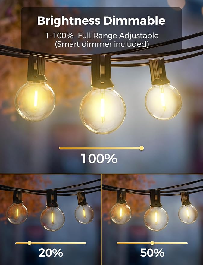 XMCOSY+ Patio Lights, Smart 50Ft Outdoor String Lights with 25 Dimmable G40 Globe Bulbs, APP Control, Work with Alexa, Connectable Waterproof LED Outdoor Light