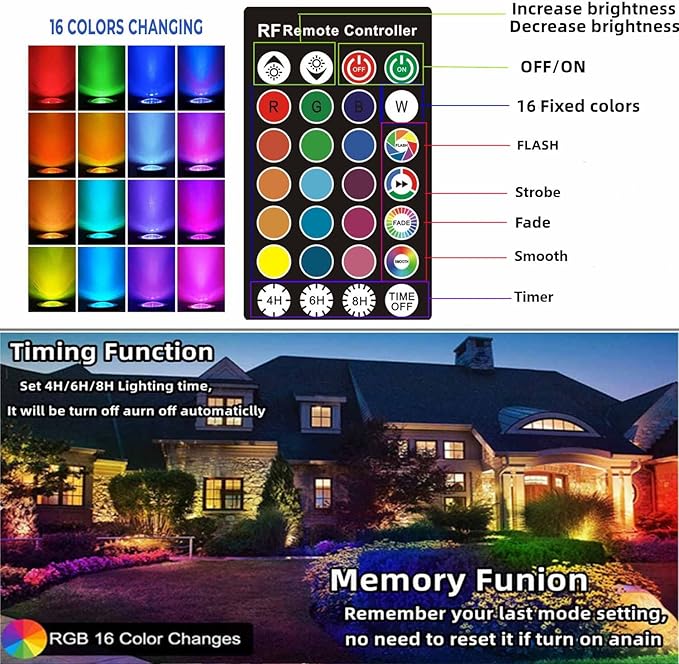Christmas RGB Spot Lights, Outdoor Spotlights with Timer, 12W Metal Case IP65 Waterproof Color Changing Landscape Lights with Spike Stand for Garden Lawn House Tree (4 Lights)