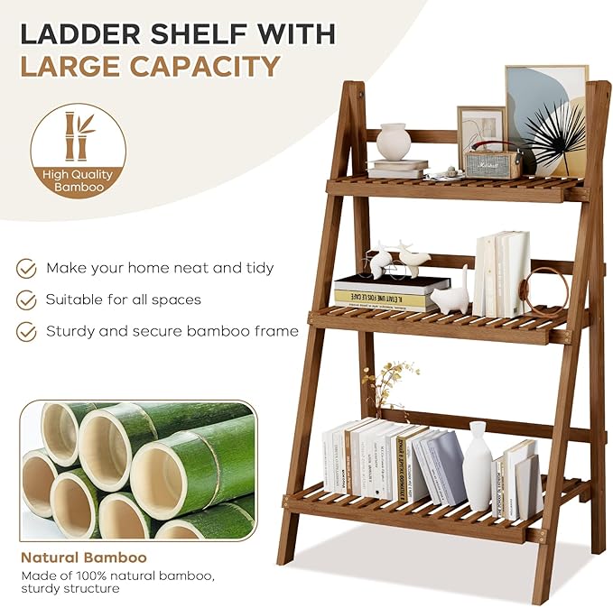 39.4" Bamboo Ladder Shelf Plant Shelf, 3 Tier Foldable Ladder Flower Pot Display Shelf Rack, 23.6"W x 15"D x 39.4"H, Freestanding Bookshelf for Garden, Balcony, Yard, Patio, Lawn, Living Room, Walnut