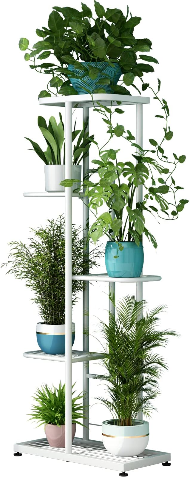 LINZINAR Plant Stand Metal 5 Tier 6 Potted Multiple Flower Pot Holder Shelf Indoor Outdoor Planter Display Shelving Unit for Patio Garden Corner Balcony Living Room (5 Tier 6 Potted, White)
