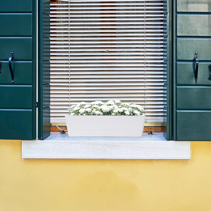 GREANER Flower Boxes, 3 Pack 12x3.8 Inch Rectangle Window Boxes, Herb Planters with Tray, Indoor Succulent Cactus Flowers Plastic Drawable Pot for Windowsill, Garden, Balcony, Office Outdoor (White)