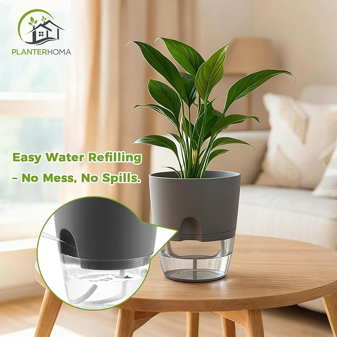 Planterhoma 5 Pack Self Watering Pots for Indoor Plants, 9 Inch Plant Pot Plastic Self Watering Planter for Orchid, Monstera, Lily, Large Clear Flower Pots with Drainage Holes and Wicking Rope, Gray