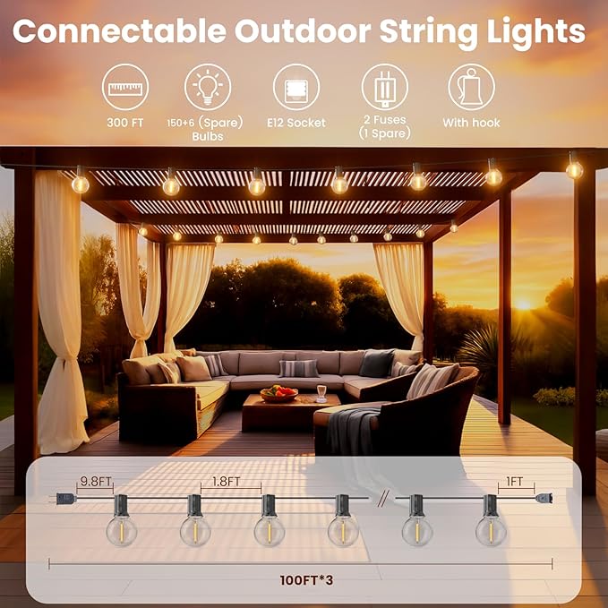 RTTY Dense-Glow 300FT Modular Professional Outdoor String Lights System with 150 G40 Bulbs(3x100FT)-Configure for Estate Borders, Multi-Area Event Sites, Commercial Corridors & Permanent Installations