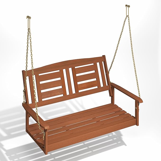 Furinno TIOMAN Porch Swing, 2-Seater Outdoor Hanging Wooden Swing with Chain in Teak Oil, for Patio, Garden, Porch, Light Wood