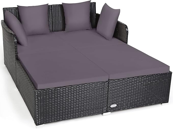 COSTWAY Outdoor Patio Rattan Daybed, Sponge Cushioned Loveseat Sofa with 4 Pillows, Wicker Furniture Sunbed for Balcony, Courtyard (Grey)