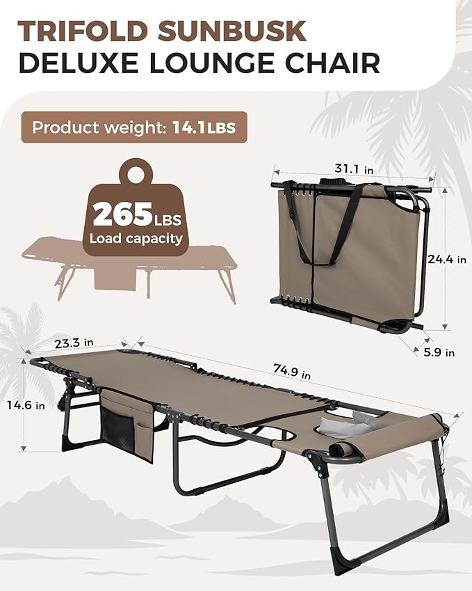 KingCamp 2 Pack Tanning Chair with Face Hole, Lounge Chairs Outdoor Folding Comfy Adjustable 5-Position Lay Flat Foldable Chaise Chaser Lounger for Outside Beach Patio Sun Bathing Pool, Beige