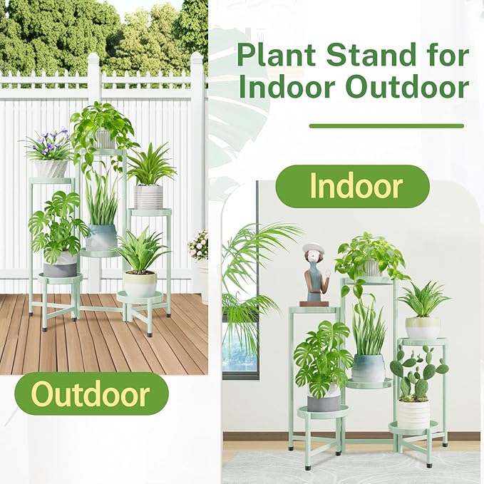 iDavosic.ly Plant Stand Indoor Outdoor, 6 Tier Corner Metal Flower Display Holder Shelf, Easy Assembly Folding Tall Orchid Rack for Patio Balcony Porch Garden Living Room House, Light Green