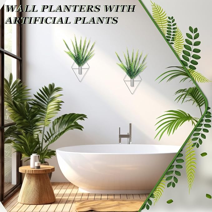 2 Pieces Wall Decor Hanging Planters with Artificial Plants Metal Hanging Vase Indoor Plants Holder Modern Boho Wall Art for Bathroom Bedroom Living Room Decor(Silver,Boston Fern)