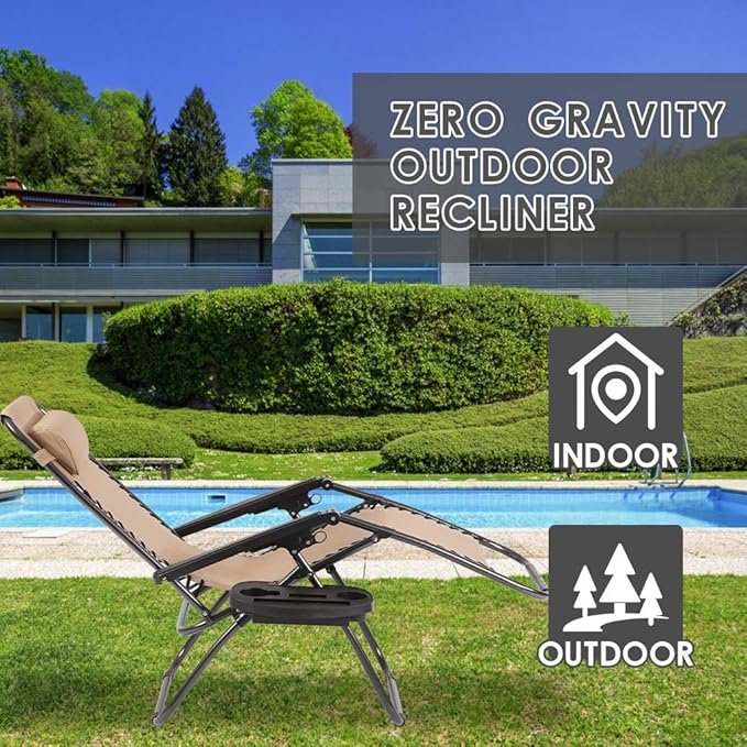 Set of 2 Zero Gravity Chairs Lounge Chair with Pillow and Cup Holder Patio Outdoor Adjustable Dining Reclining Folding Chairs for Deck Patio Beach Yard