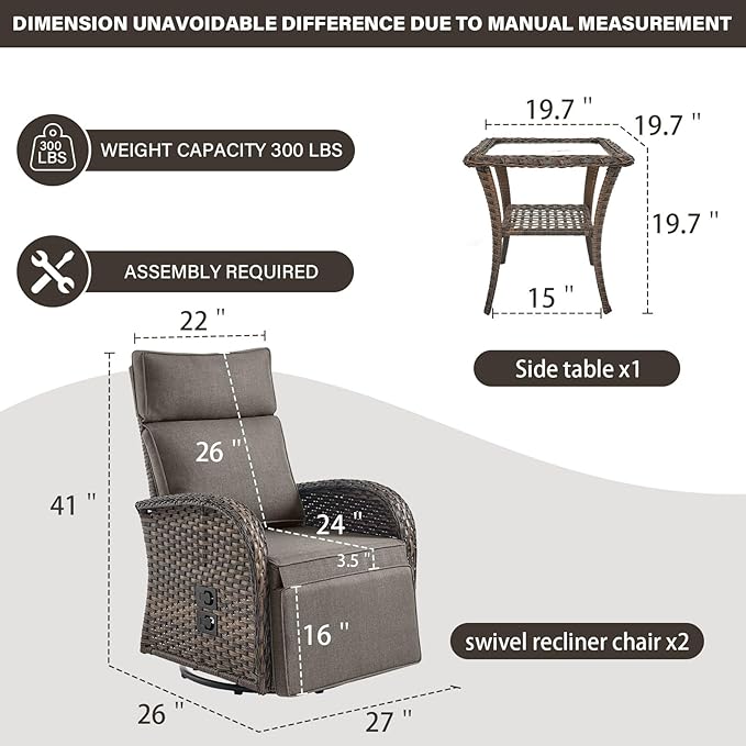 Dual-Adjust Swivel Outdoor Recliner Chair Set of 3 - Reclining Patio Chair with Adjustable Backrest and Footrest, All-Weather Wicker Chaise Lounge Outdoor with Side Table for Pool Deck Brown