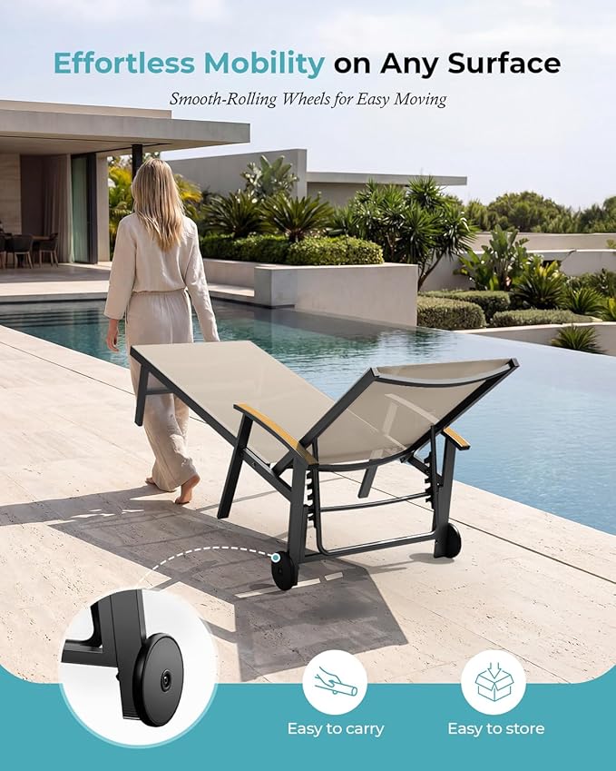 Ciokea Outdoor Lounge Chair with Pillow Set of 2, 5-Position Aluminum Chaise Lounge with Wheels & Armrests, 400 lbs Heavy Duty Patio Pool Chair for Backyard, Deck, Beach & Poolside, Khaki
