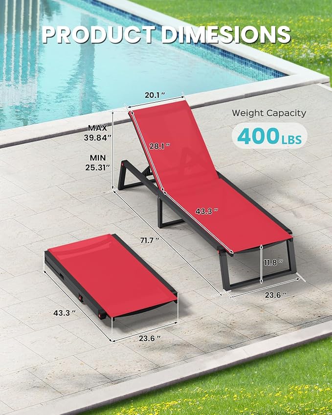 Aluminum Chaise Lounge Chair Outdoor, Foldable & Assembly Free Patio Pool Lounge Chairs 5-Position Recliner for Outside Poolside, Fully Grounded Legs Sun Lounger for Beach, Yard, Red