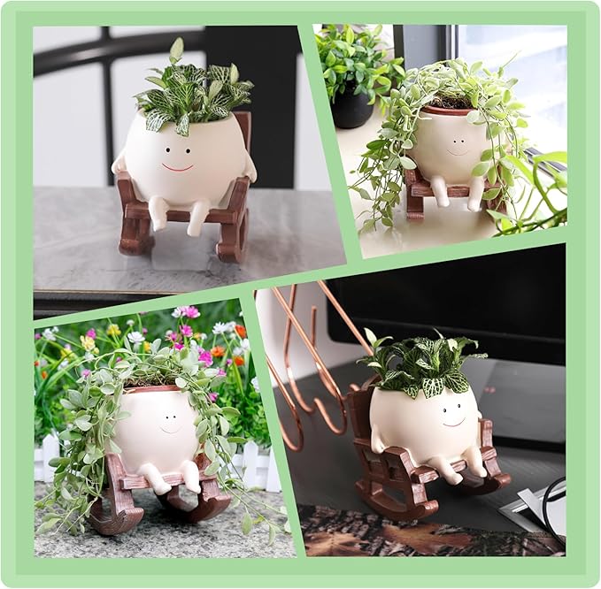 Smiley Face Rocking Chair Planters Flower Pots for Plants Funny Succulents Plant Live Cute Resin Head Planter for Indoor Outdoor Plants Gift Ideas for Mother and Christmas (Large)