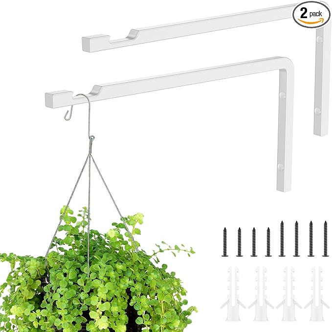 2 Pack 8 Inch Plant Hanger Hooks for Indoor Hanging Plants, Heavy Duty Steel Hanging Plant Brackets Wall Mount Hooks for Hanging Bird Feeders Flower Basket Wind Chime Solar Lanterns Outdoor, White