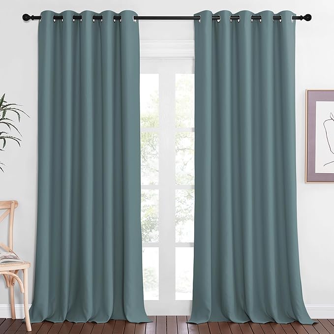 NICETOWN Blackout Greyish Blue Curtain & Drape 102 inches Long - Energy Saving Thermal Drape Grommet Sound Reducing Light Blocking Window Treatment for Bedroom (1 Panel, W66 x L102)