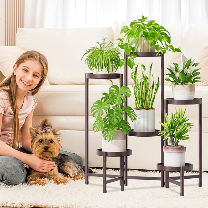 iDavosic.ly Plant Stand Indoor Outdoor, 6 Tier Corner Metal Flower Display Holder Shelf, Easy Assembly Folding Tall Orchid Rack for Patio Balcony Porch Garden Living Room House, Violet Bronze
