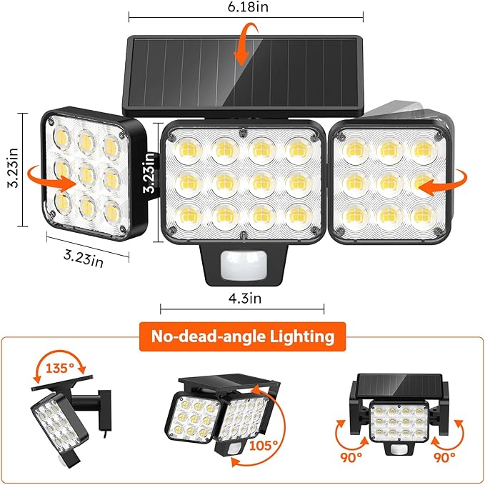 WdtPro Solar Lights Outdoor Flood Light 3 Pack, 3500LM Bright Motion Sensor Outdoor Lights, 3 Heads & Upgrade Glass Panel, LED Solar Powered Security Light Spotlights Waterproof for Outside Yard