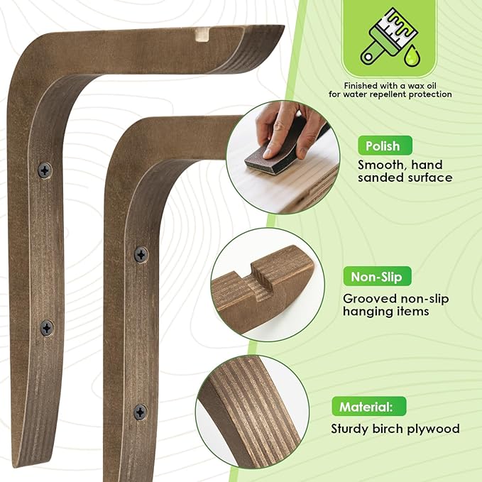 Wooden Plants Hanger, Plant Hangers Indoor Wall Mount, 8.58-Inch Hanging Plant Hooks for Wall, Basket Hooks for Lanterns, Flower Bracket, Wind Chimes, Lamp, Bird Feeders, Patio Decor(Brown 2PCS)