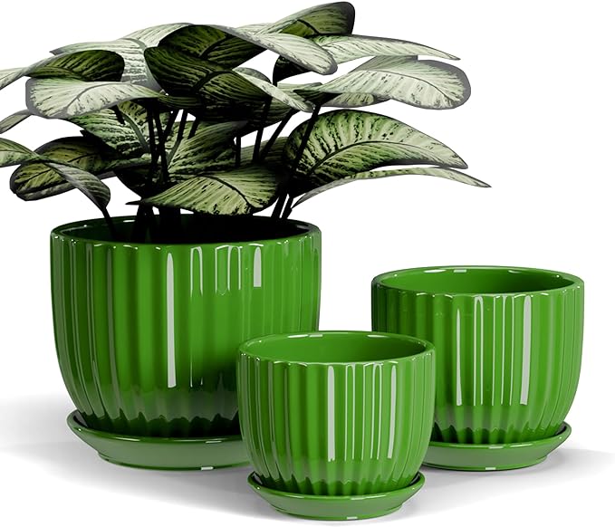 Ton Sin Ceramic Plant Pots,4"+5"+6" Inch,Green Flower Pots with Drainage Holes and Tray,Indoor Planters for Plants Pots,Home Office Decoration GIF for Plants,Succulent Pot Set of 3