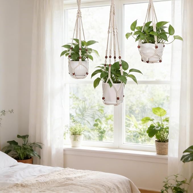 YIBOT 3 Pack Macrame Plant Hangers Indoor Different Size Hanging Planter Basket Flower Pot Holder with Beads No Tassels 35"/29"/23"(POTS NOT Included)
