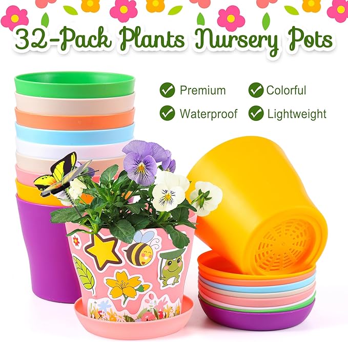 32 Set Garden Plastic Pot Craft Kit DIY Flower Plant Crafts Nursery Pots with Stickers Flower Planting Growing Kit for Spring Summer Home Classroom School Creative DIY Art Project Activities