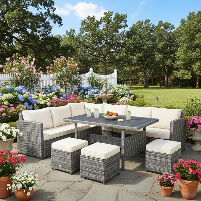 Tangkula 7 Pieces Patio Furniture Set, Outdoor Sectional Rattan Dining Sofa Set with Cushions, All Weather Wicker Conversation Couch Set with Dining Table & Ottomans for Yard Garden Poolside, White